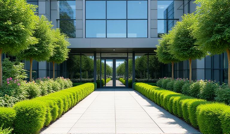 Landscaped entrance to a corporate office building